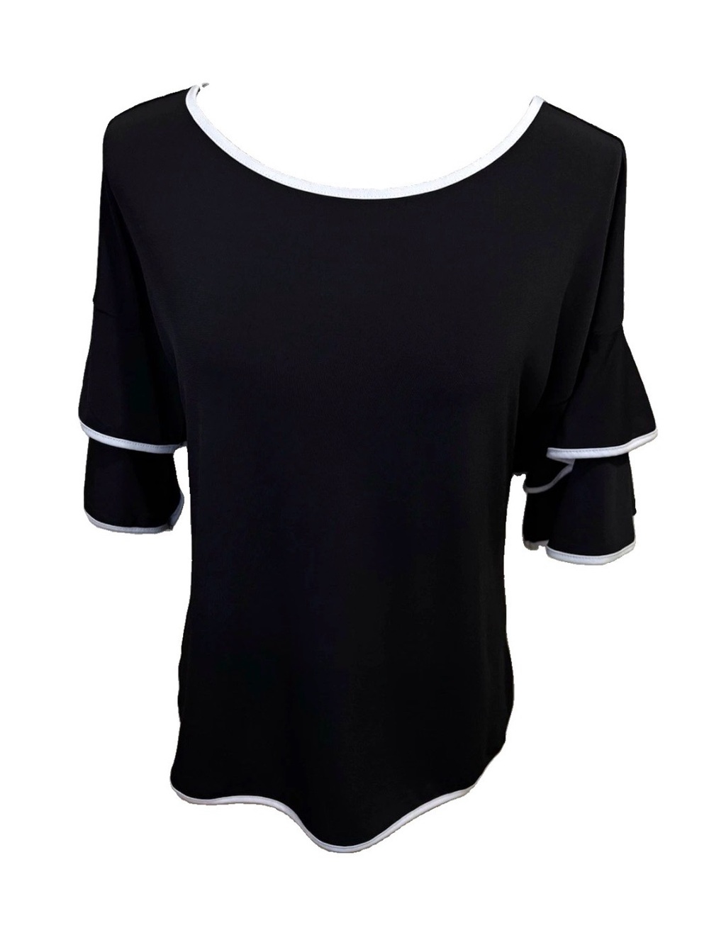 Always Indigo Black Boat Neckline Tiered Ruffled 3/4 Sleeves White Accent Piping